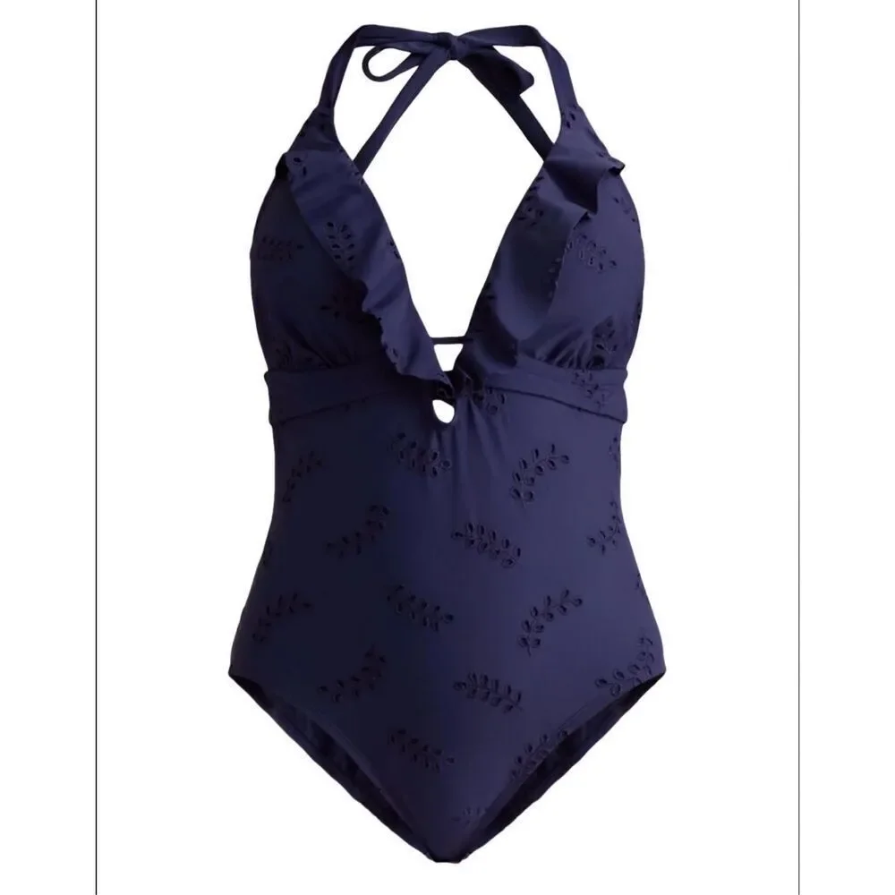Time and Tru NWT navy eyelet halter one piece swimsuit small